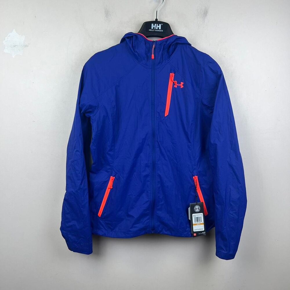 NWT Under Armour Blue Windbreaker Jacket With Orange Zipper Accents Size S